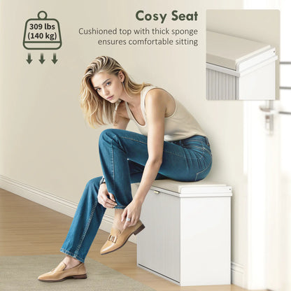Entryway Bench with Padded Seat, Flip-Drawers, Holds 265lbs, Shoe Storage for 8 Pairs, White Shoe Storage Cabinets & Racks at Gallery Canada