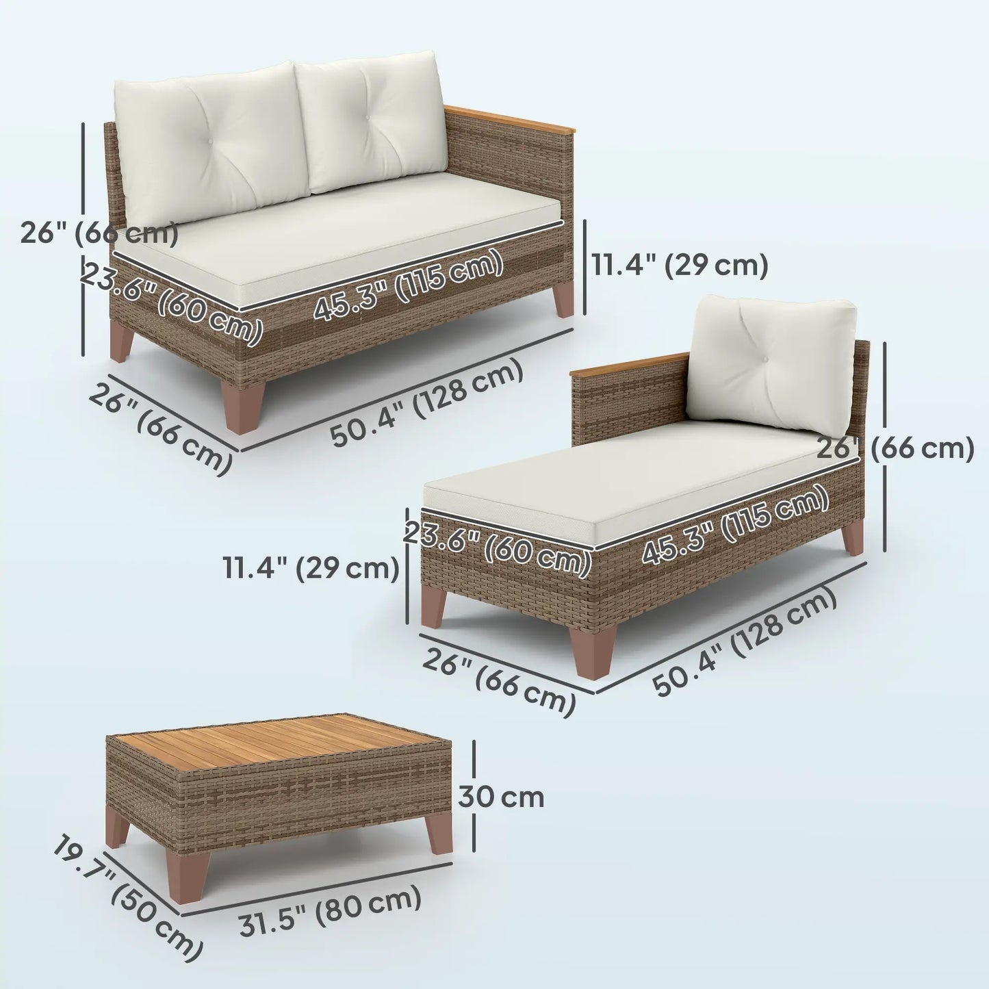 3 Piece L-Shaped Patio Furniture Set, Wood Top Coffee Table, Cream Patio Furniture Sets at Gallery Canada