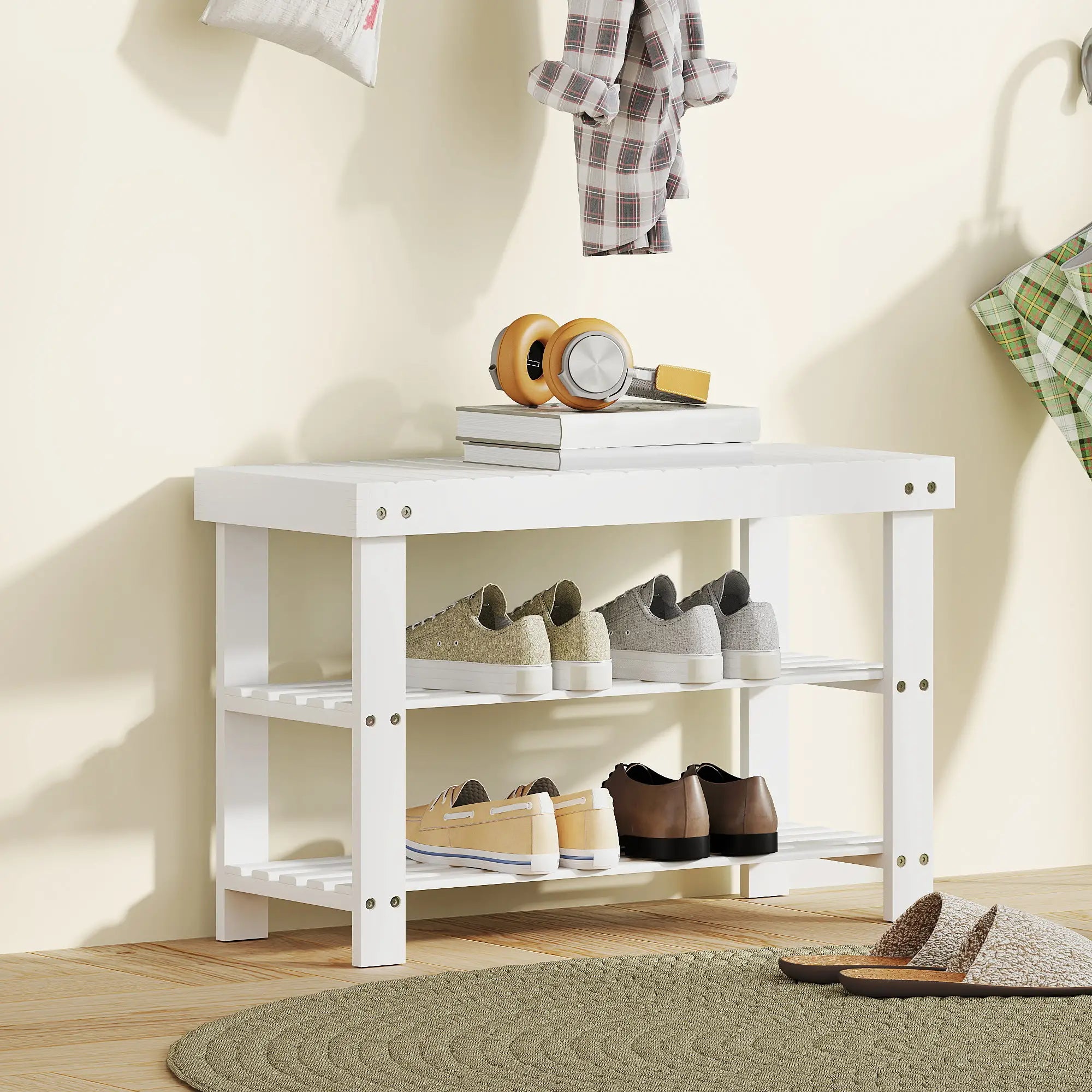 Bamboo Shoe Storage Bench, 3-Tier, 2 Shelves, Holds 6 Pairs, White Shoe Storage Cabinets & Racks at Gallery Canada