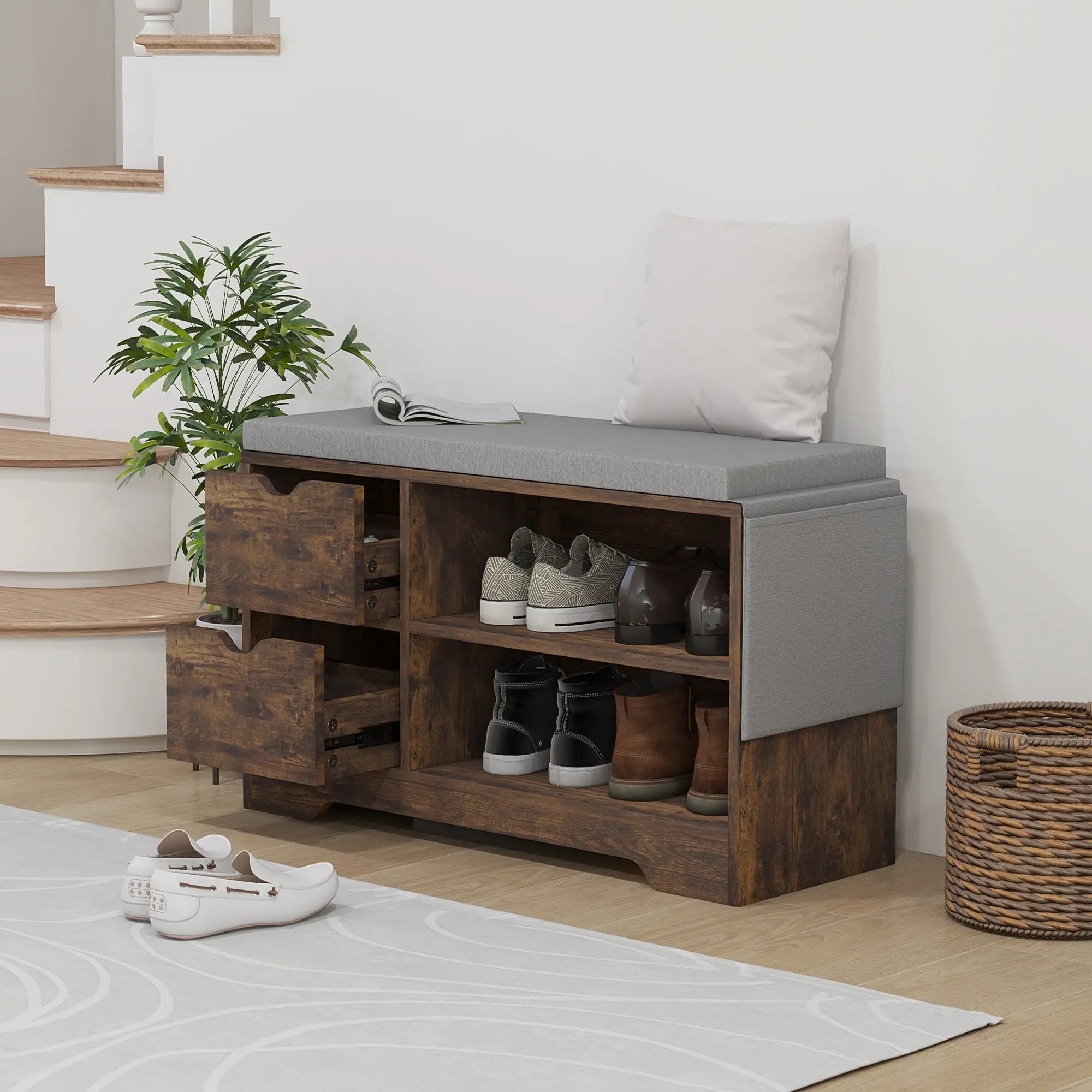 Upholstered Shoe Storage Bench, Seat w/ Drawer, Rustic Brown Shoe Storage Cabinets & Racks at Gallery Canada
