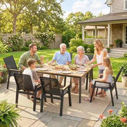 7 Piece Outdoor Dining Set, Rectangle Patio Table, 6 Mesh Chairs Outdoor Dining Sets at Gallery Canada