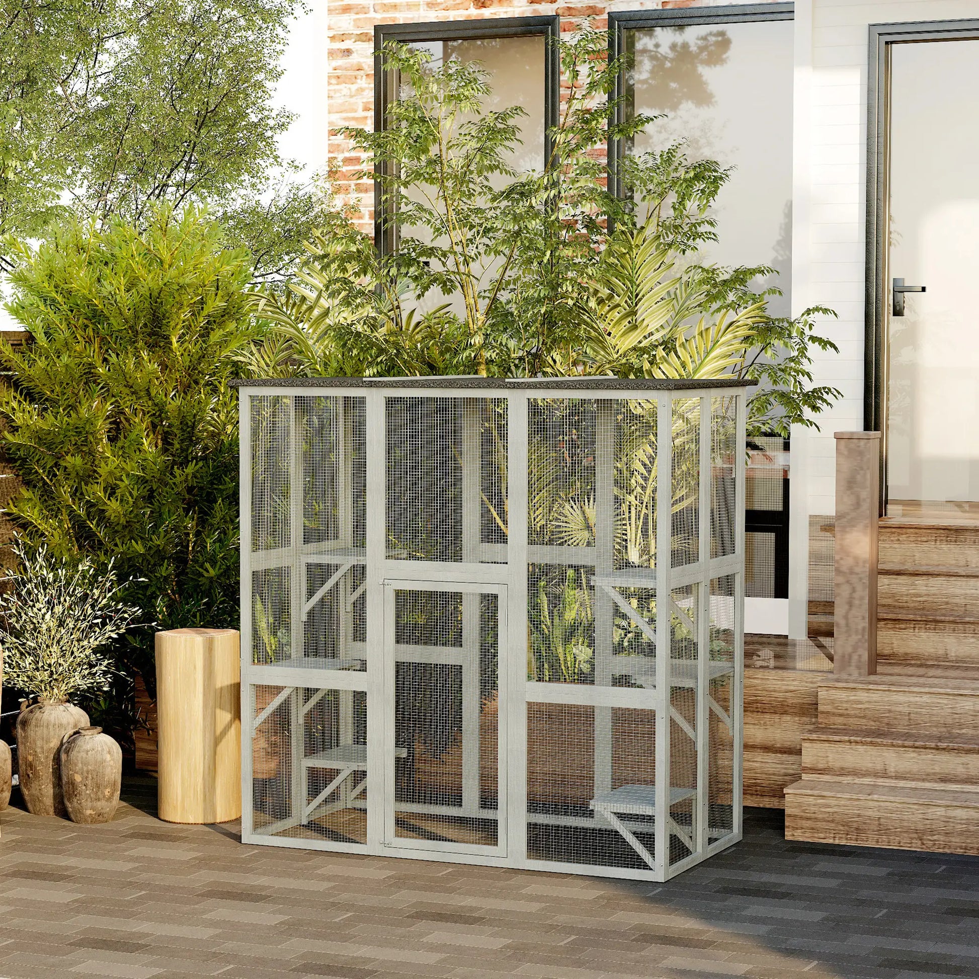 Large Outdoor Catio Enclosure, Weatherproof Cat House, Wooden Patio Cage, 6 Platforms, 71" x 39" x 71", Grey Outdoor Cat Enclosures at Gallery Canada