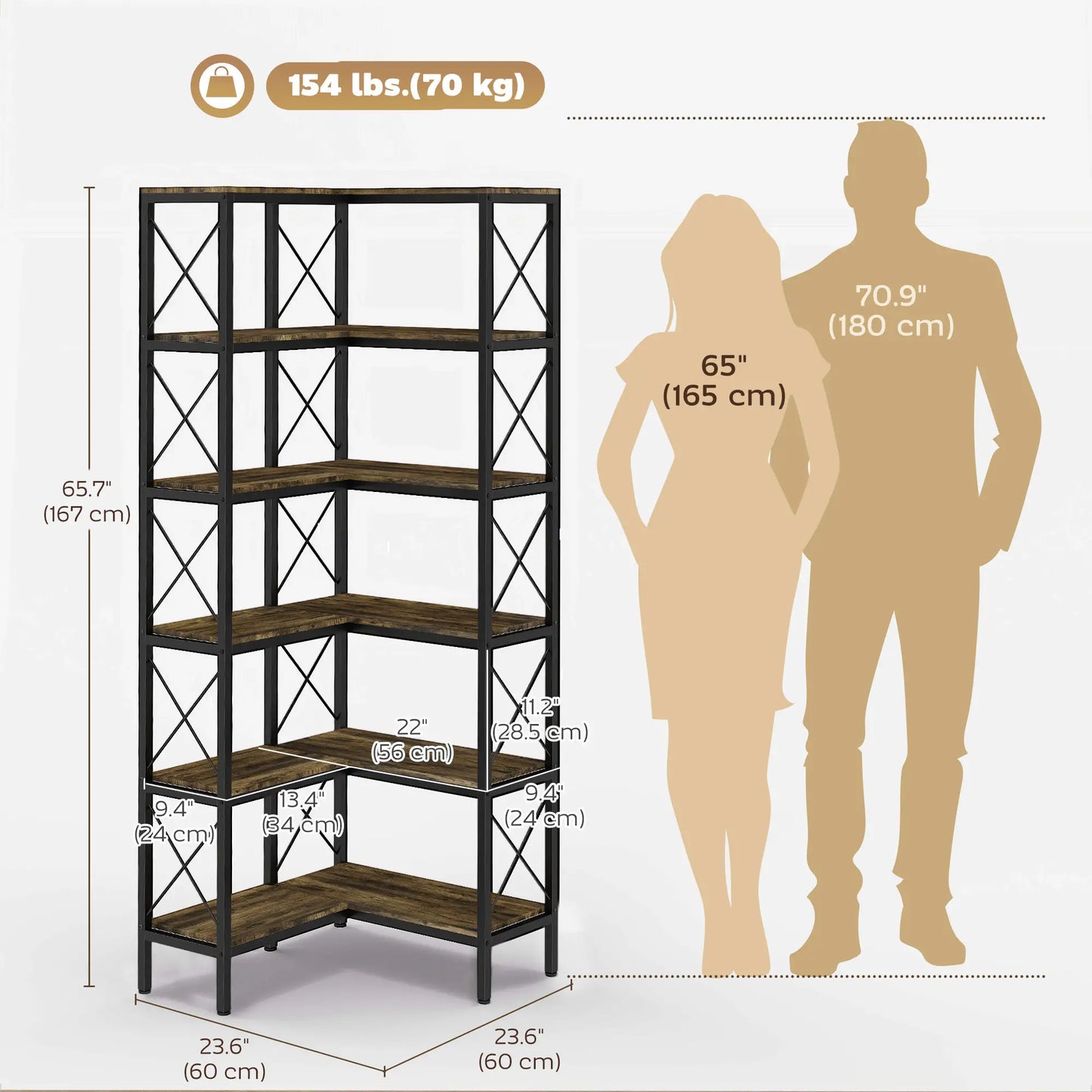 6-Tier L-Shaped Bookshelf, Freestanding Corner Bookcase with Metal Frame, Rustic Brown Display Bookshelves at Gallery Canada