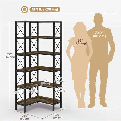6-Tier L-Shaped Bookshelf, Freestanding Corner Bookcase with Metal Frame, Rustic Brown Display Bookshelves at Gallery Canada