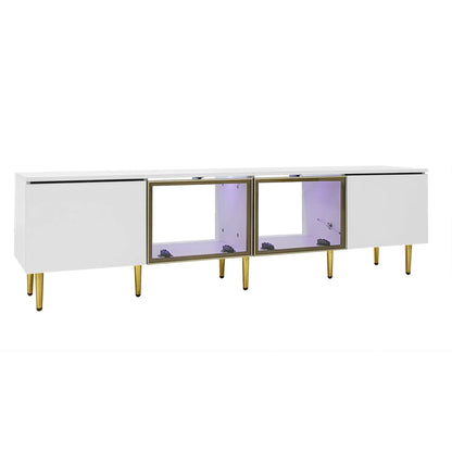 TV Stand, 4 Doors, Handles, Tempered Glass, LED Light, 67" L x 14.5" W x 18.5" H, White+Gold TV Stands at Gallery Canada