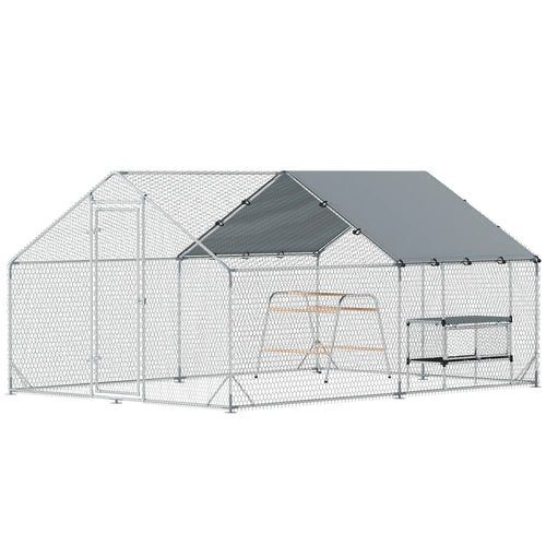 Metal Chicken Coop With Cover, Nesting Box, Roosting Bars, 9.8 x 13.1 x 6.4 ft