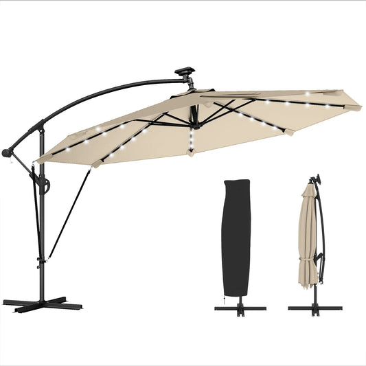 11.3 ft Cantilever Patio Umbrella With Light, Cover, Aluminium UPF50+, Khaki Offset Cantilever Umbrellas Khaki at Gallery Canada
