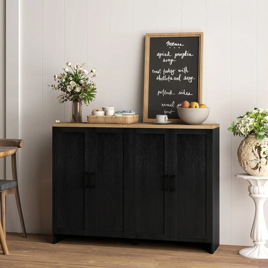 Modern Sideboard Buffet Cabinet, 4 Doors Adjustable Shelves, Black Storage Cabinets Black, Natural at Gallery Canada