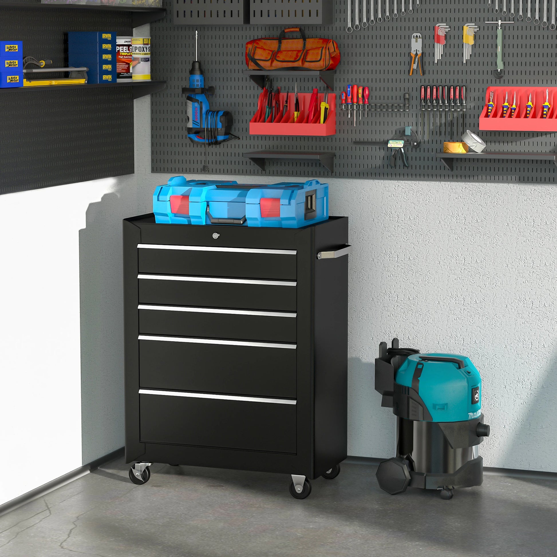 5-Drawer Rolling Tool Cabinet, Lockable Tool Chest, Black Tool Organizers at Gallery Canada