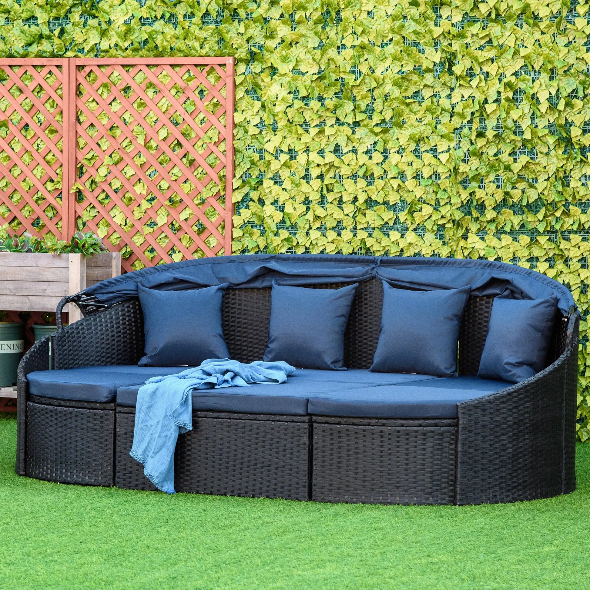 4-Piece PE Wicker Round Daybed, Outdoor Rattan Lounge Set, Dark Blue Daybeds at Gallery Canada