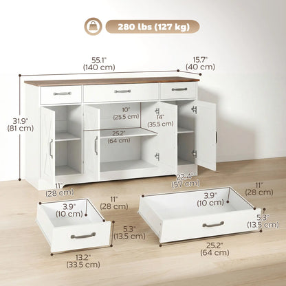 55" White Sideboard Buffet Cabinet, Farmhouse Kitchen With Barn Doors, White Bar Cabinets at Gallery Canada