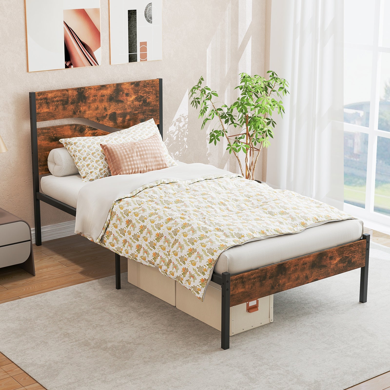 Twin/Full/Queen/King Metal Bed Frame with Wooden Headboard and Footboard-Twin Size, Rustic Brown Simple Bed Frame at Gallery Canada