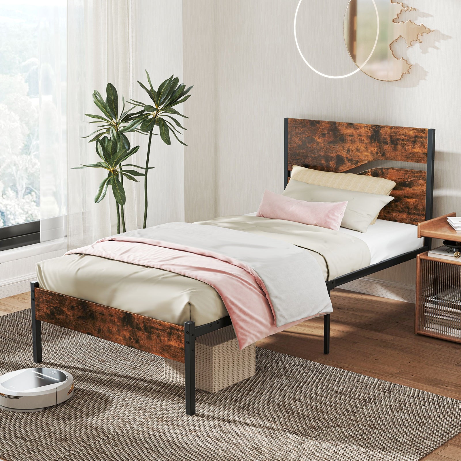 Twin/Full/Queen/King Metal Bed Frame with Wooden Headboard and Footboard-Twin Size, Rustic Brown Simple Bed Frame at Gallery Canada