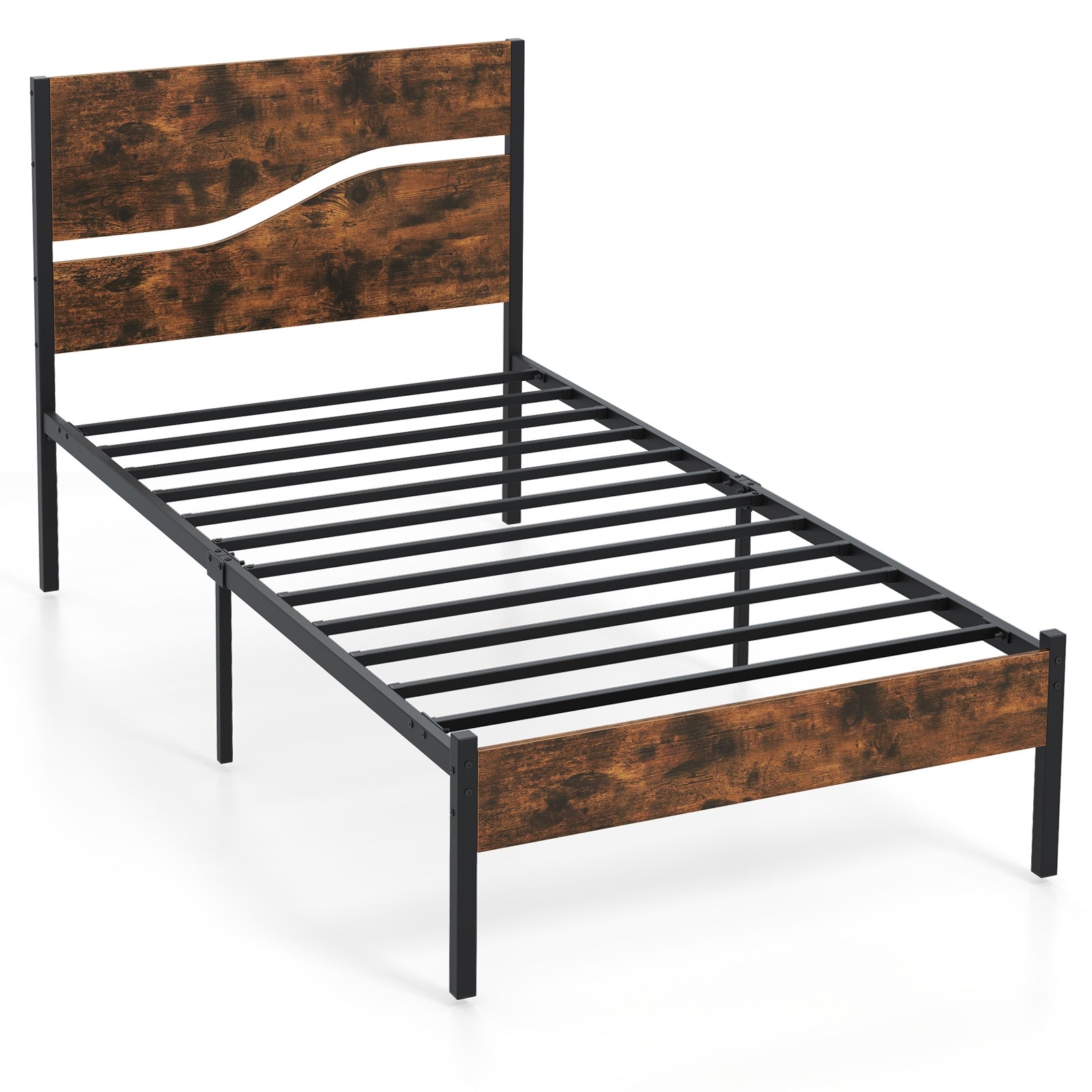 Metal Bed Frame With Wooden Headboard, Twin Size, Rustic Brown Simple Bed Frame at Gallery Canada