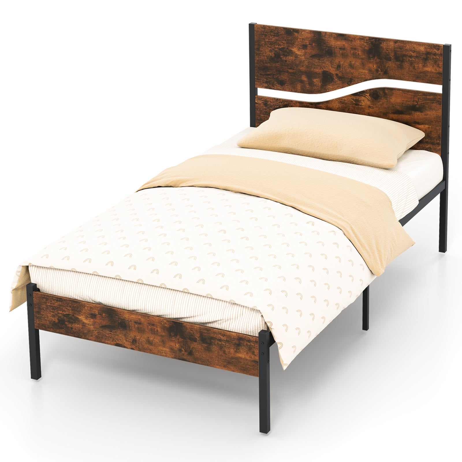 Twin/Full/Queen/King Metal Bed Frame with Wooden Headboard and Footboard-Twin Size, Rustic Brown Simple Bed Frame at Gallery Canada
