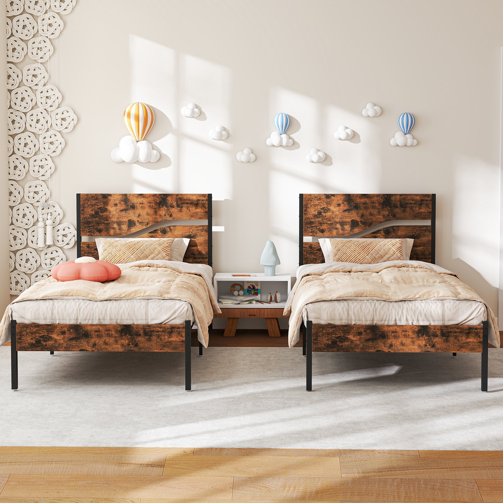 Twin/Full/Queen/King Metal Bed Frame with Wooden Headboard and Footboard-Twin Size, Rustic Brown Simple Bed Frame at Gallery Canada