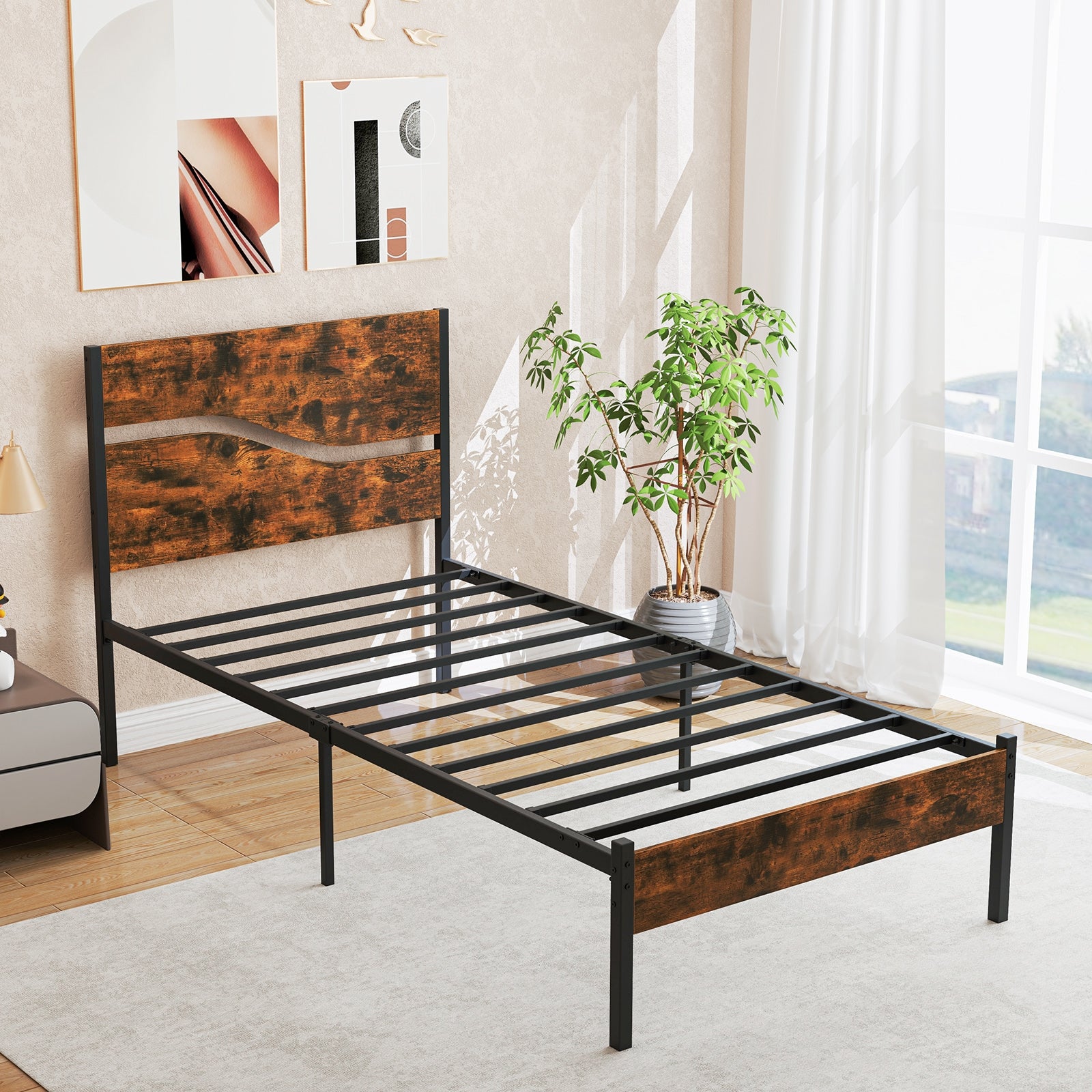 Twin/Full/Queen/King Metal Bed Frame with Wooden Headboard and Footboard-Twin Size, Rustic Brown Simple Bed Frame at Gallery Canada
