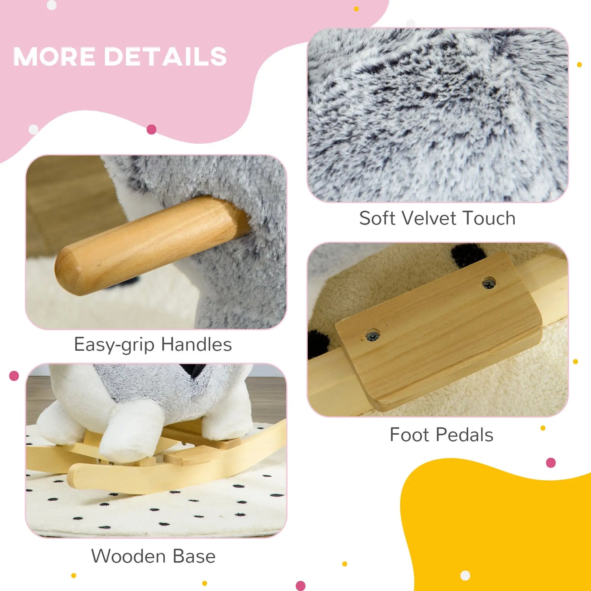 Kids Rocking Horse, Husky Plush Ride on Toy, Wooden Base, Seat Belt, 18-36 Months, Grey Rocking Horses at Gallery Canada