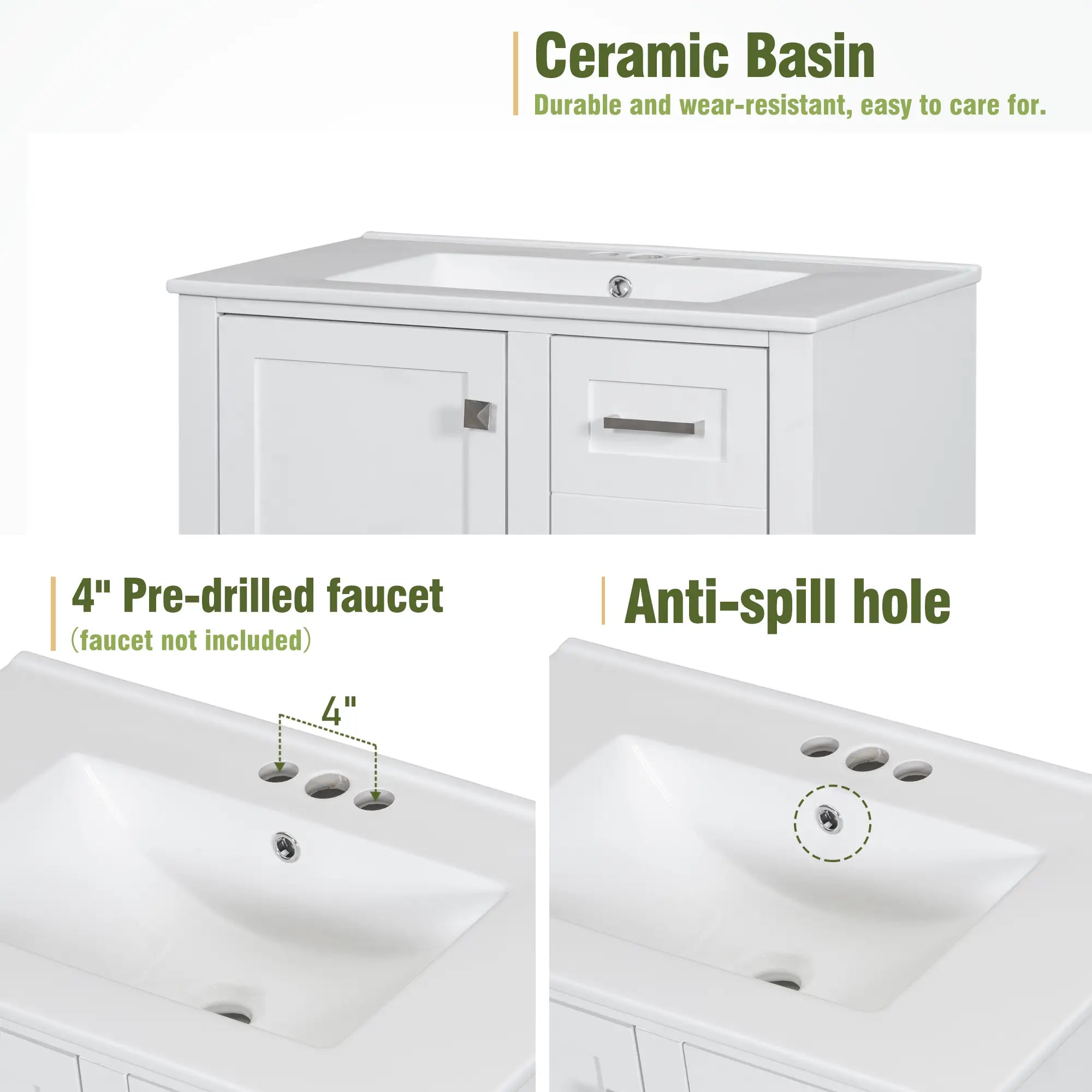 Solid Wood Bathroom Vanity, Sink Combo, Soft-Close Door, 3 Drawers, 30