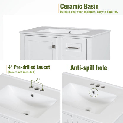 Solid Wood Bathroom Vanity, Sink Combo, Soft-Close Door, 3 Drawers, 30" L x 18" W x 34" H, White Sink Cabinets at Gallery Canada