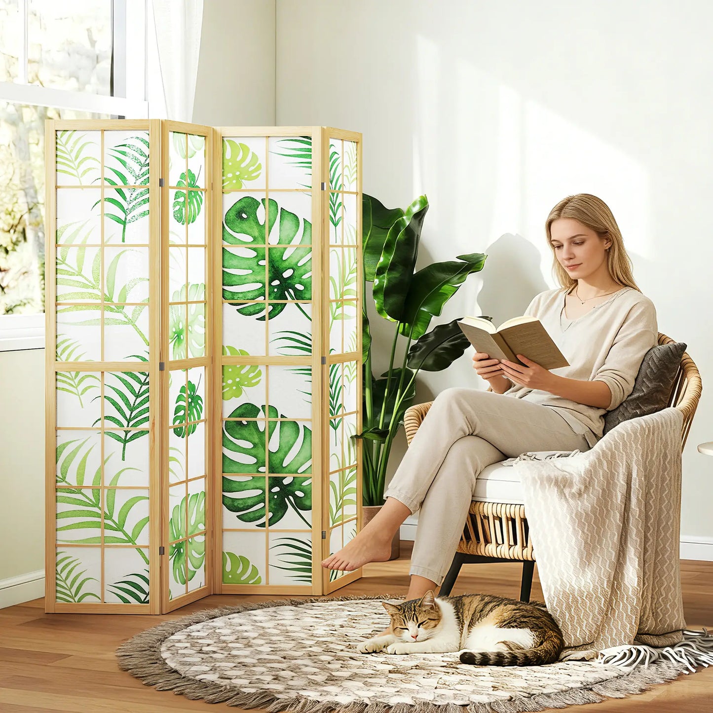 4 Panel Folding Privacy Screen, 67" Palm Leaf Design, Natural Green, Green