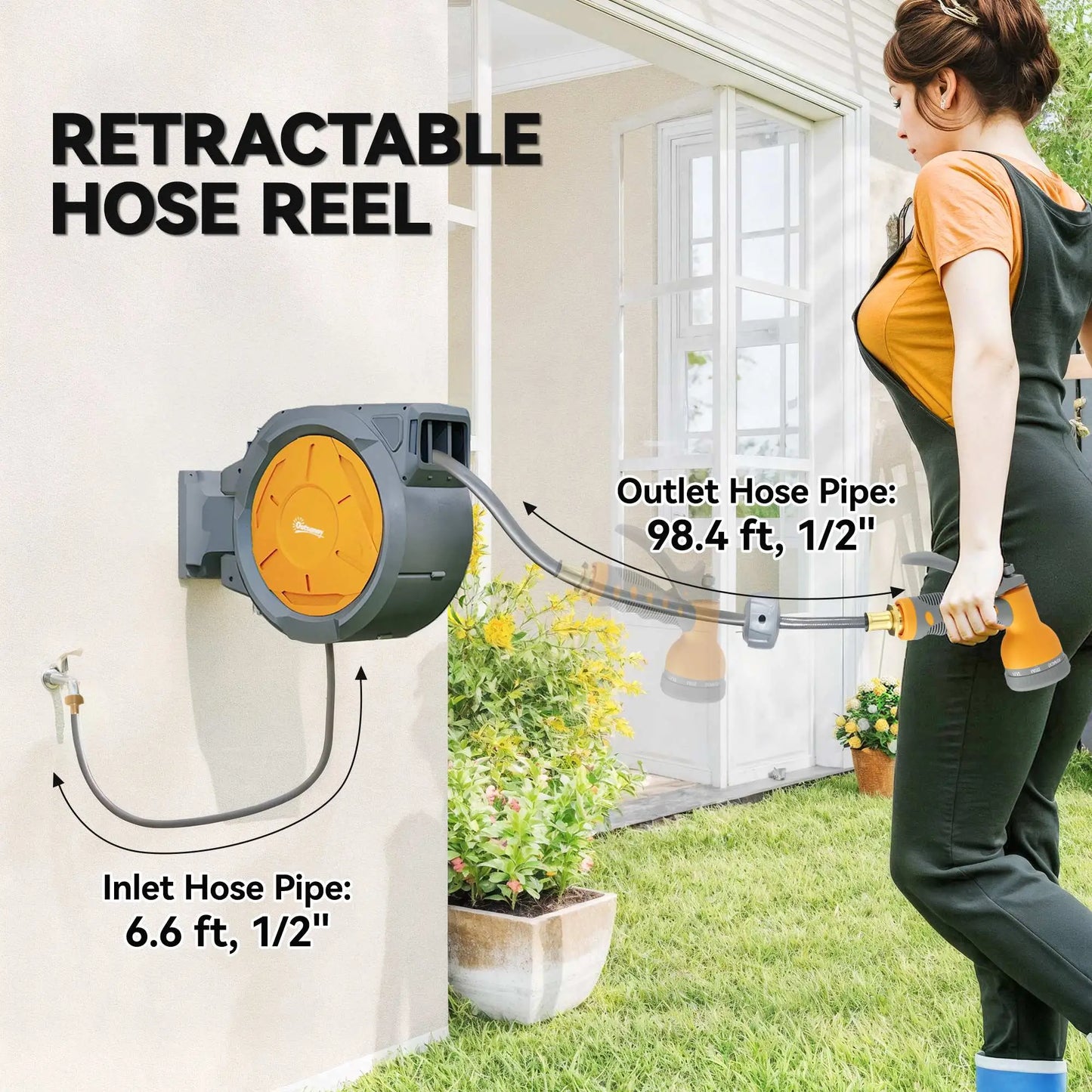 1/2 in x 100ft Wall Mounted Garden Hose Reel, Auto Rewind, Orange Garden Accessories at Gallery Canada