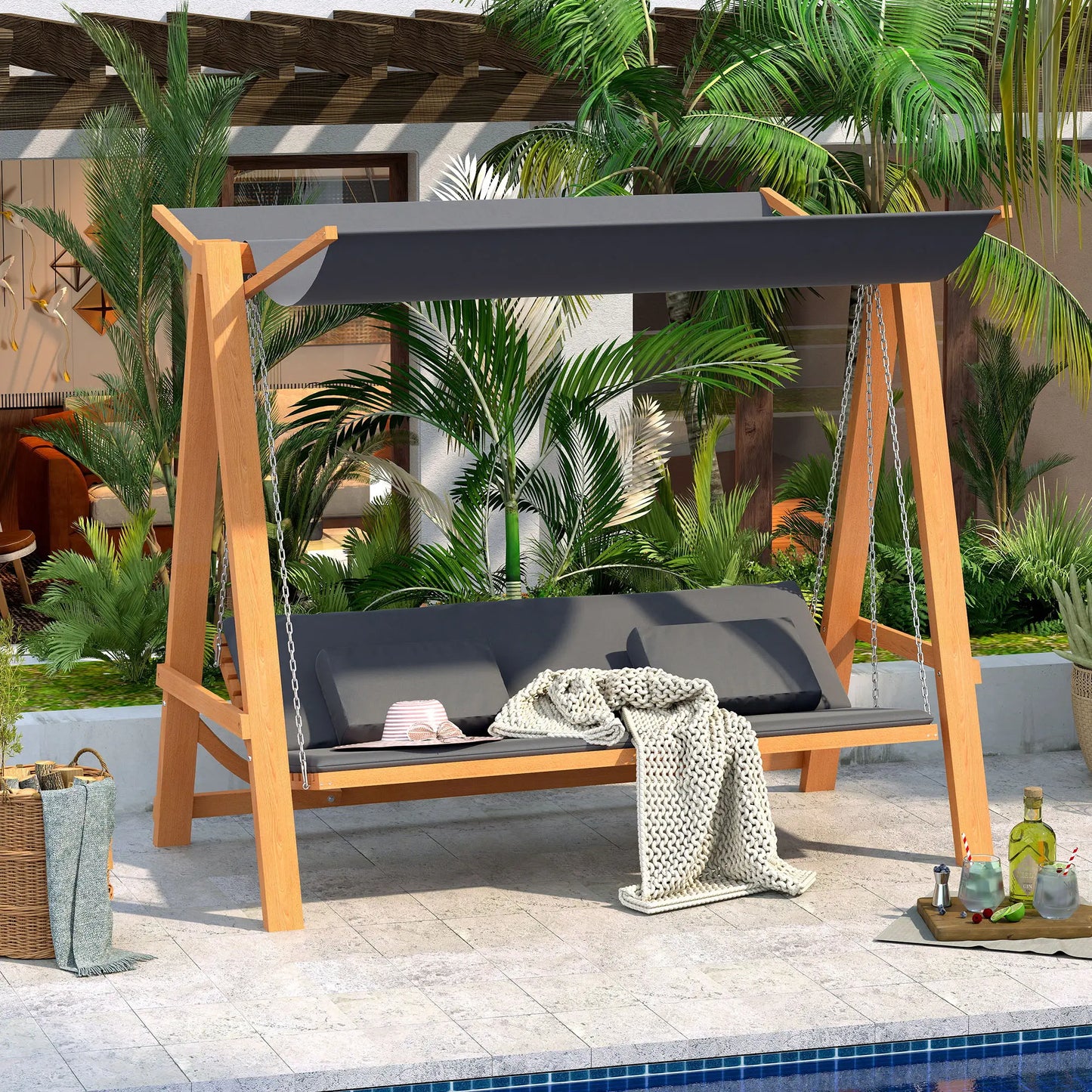 3 Seater Patio Swing Chair, Convertible Cushioned Porch Swing Bed with Canopy, Wood Frame Patio Swings with Stand at Gallery Canada