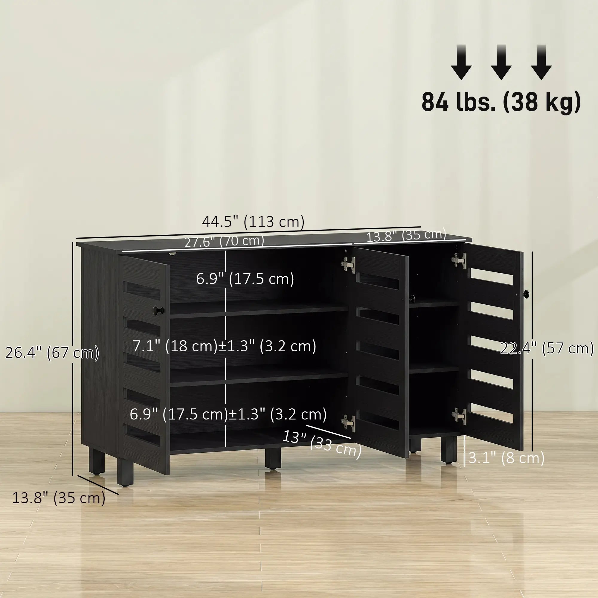 Shoe Cabinet, 3 Slatted Doors, 3-Tier, Adjustable Shelves, 15 Pairs, Black Shoe Storage Cabinets & Racks at Gallery Canada