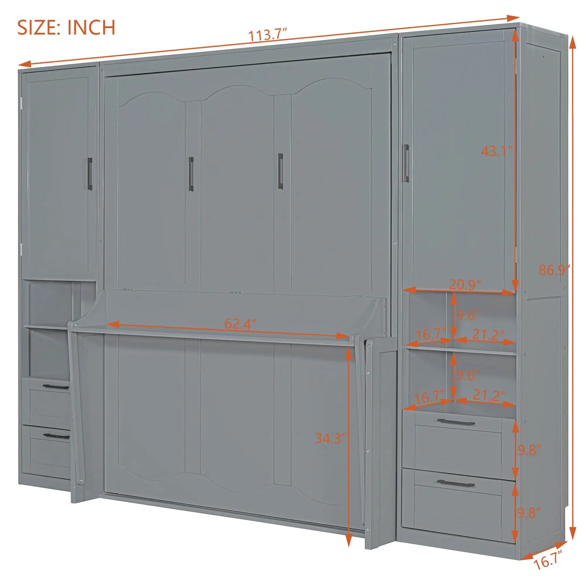 Queen Murphy Bed with Closet, Drawers, Shelves, 114