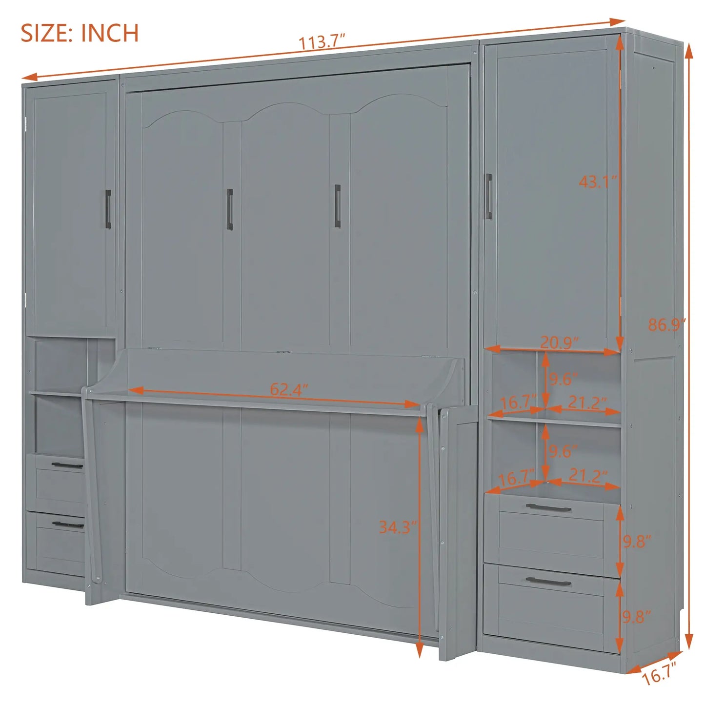 Queen Murphy Bed with Closet, Drawers, Shelves, 114" L x 17" W x 87" H, Grey Bed Frames at Gallery Canada