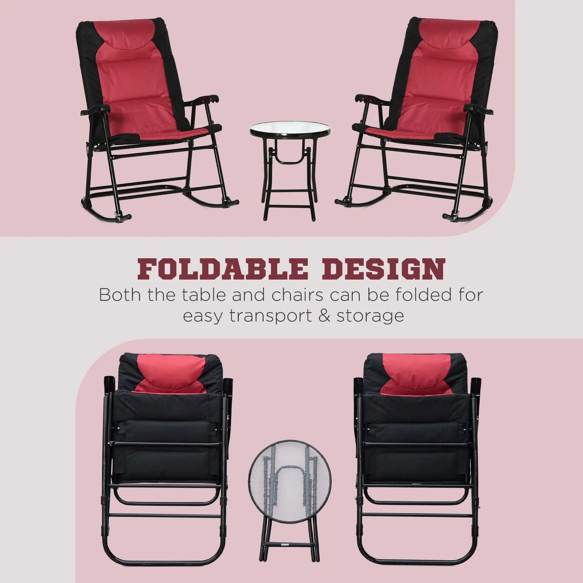 3pc Patio Rocking Chair Set, Foldable, Outdoor, Red Outdoor Rocking Chairs at Gallery Canada