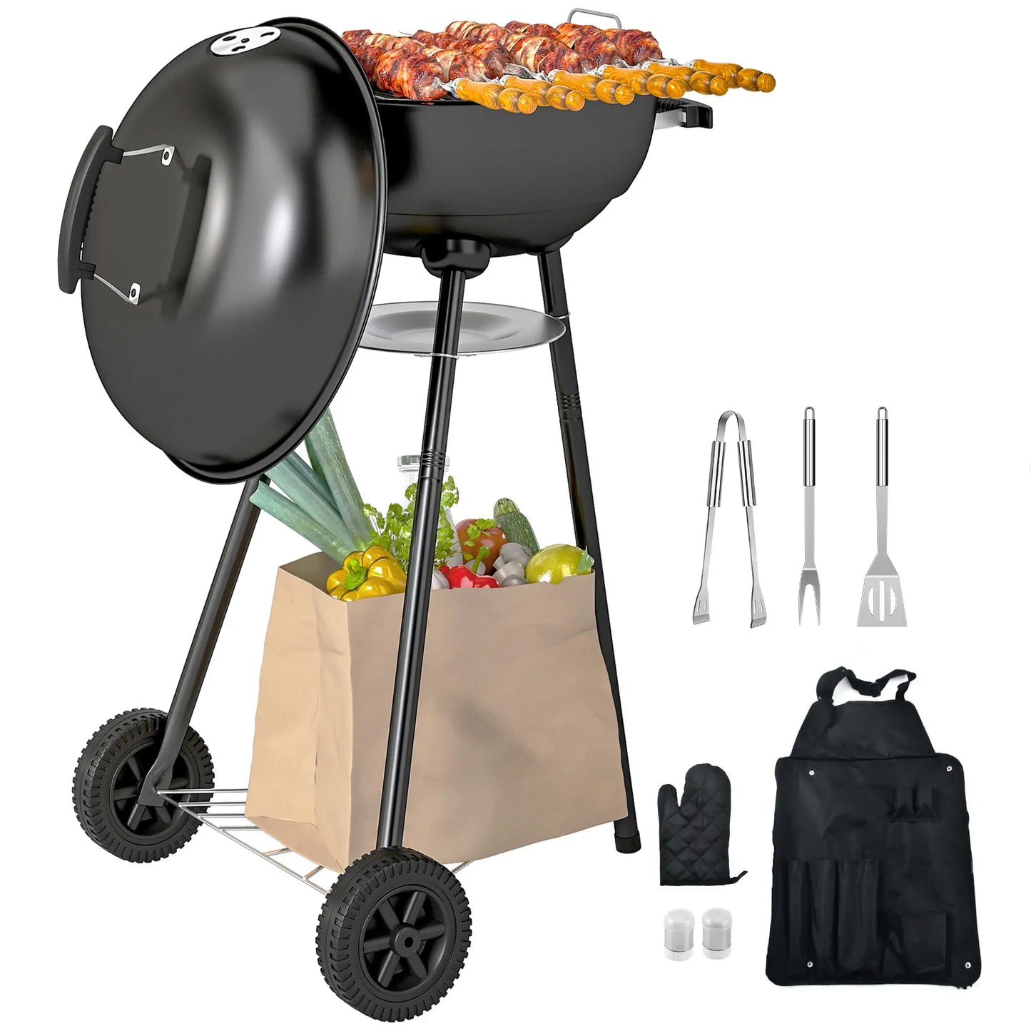 17" Charcoal BBQ Grill With Shelf, Ash Catcher, Wheels, Black