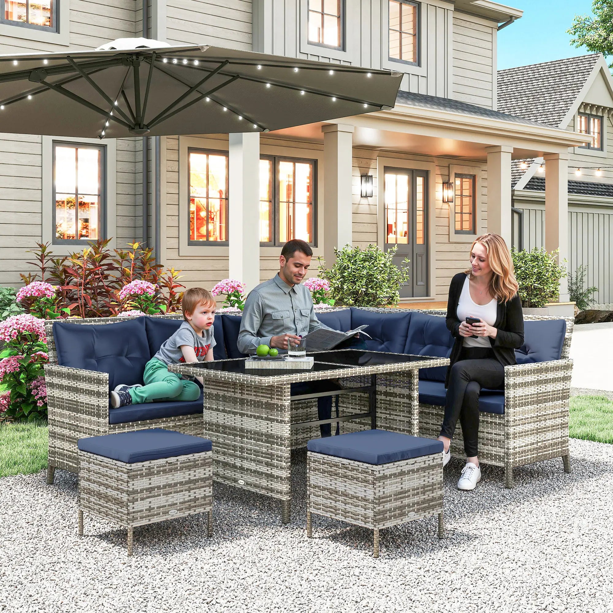 6pcs Outdoor Rattan Sofa Set, Wicker Sectional Couch, Dining Table, Sky Blue Patio Furniture Sets at Gallery Canada