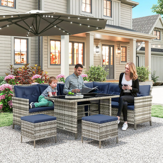 6pcs Outdoor Rattan Sofa Set, Wicker Sectional Couch, Dining Table, Sky Blue Patio Furniture Sets Mixed Grey Rattan, Dark Blue Fabric at Gallery Canada