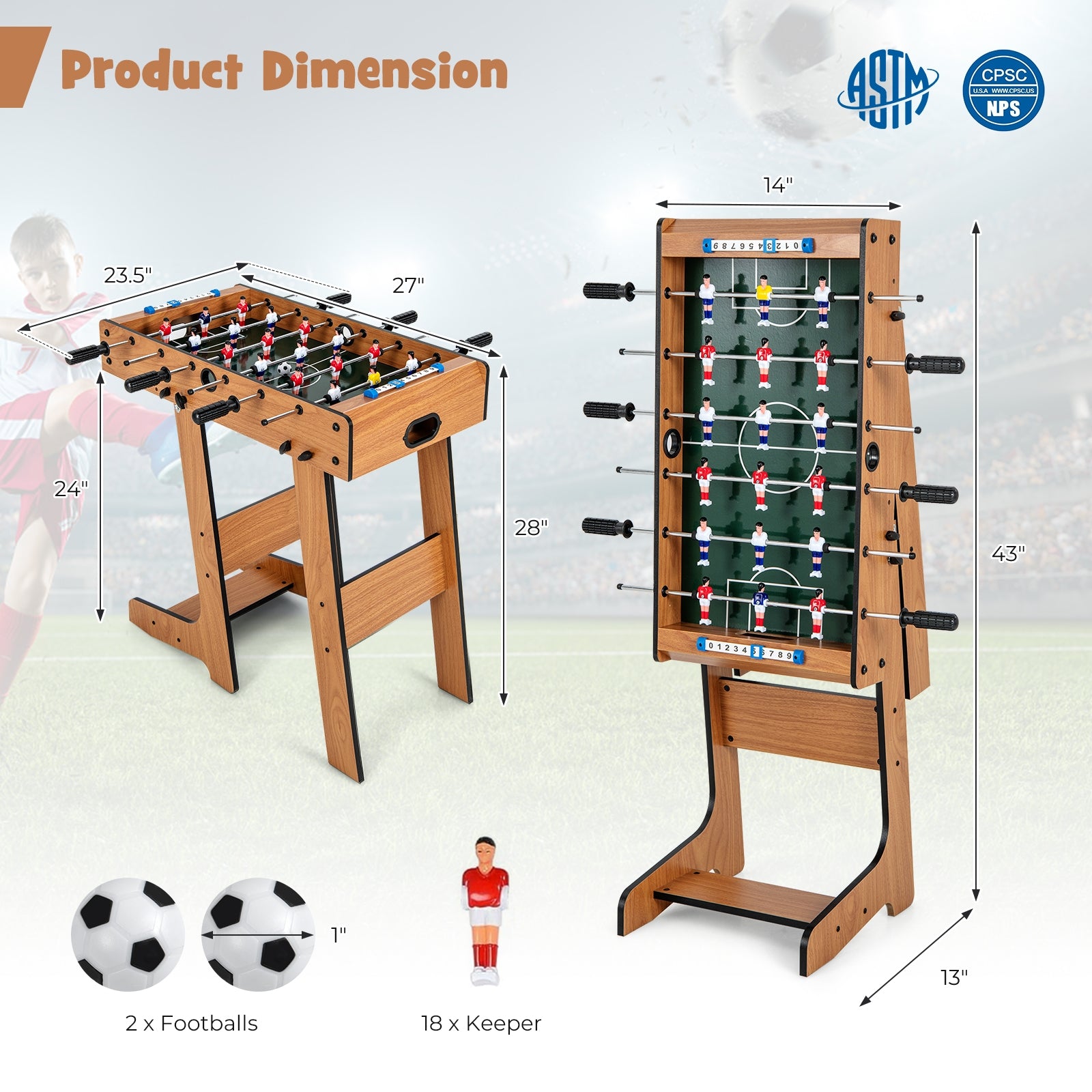 Space Saving Table Football, Durable Handle, 2 Footballs, Brown Game Room at Gallery Canada
