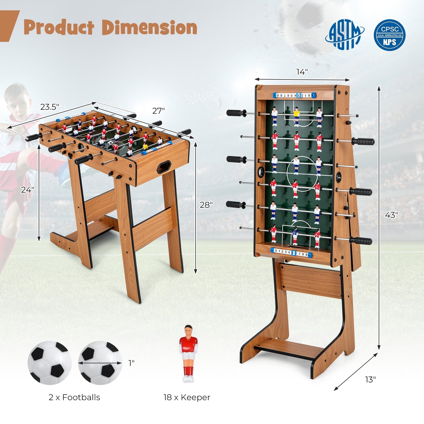 Space Saving Table Football, Durable Handle, 2 Footballs, Brown Game Room at Gallery Canada