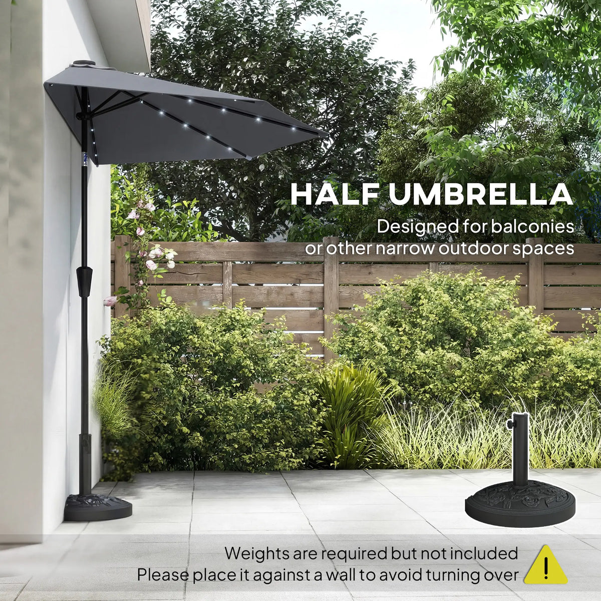 Half Patio Umbrella With Solar LED Lights, 9ft, Dark Grey Half Round Umbrellas at Gallery Canada