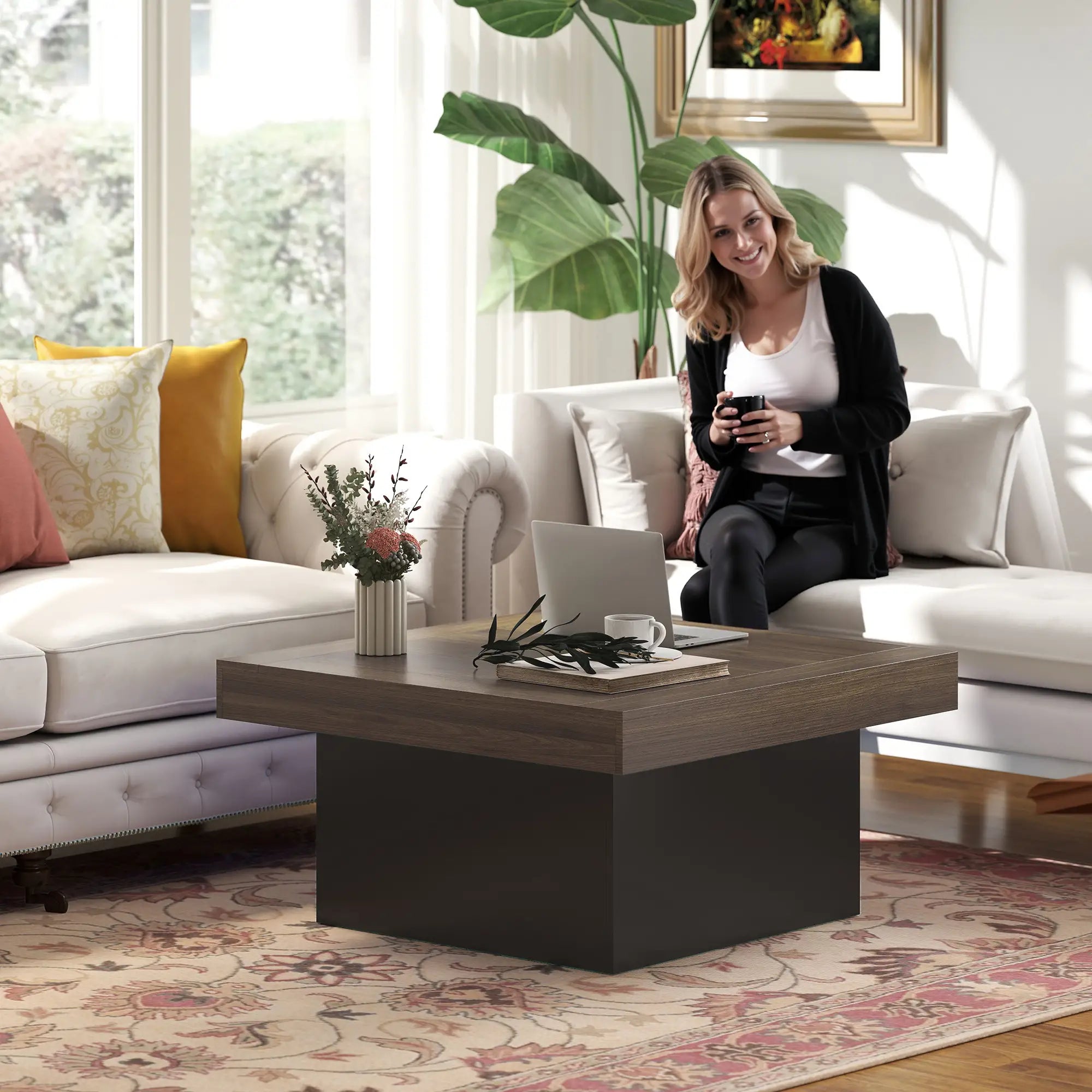 Square Coffee Table with LED Lights, 35-inch, Walnut Coffee Tables at Gallery Canada