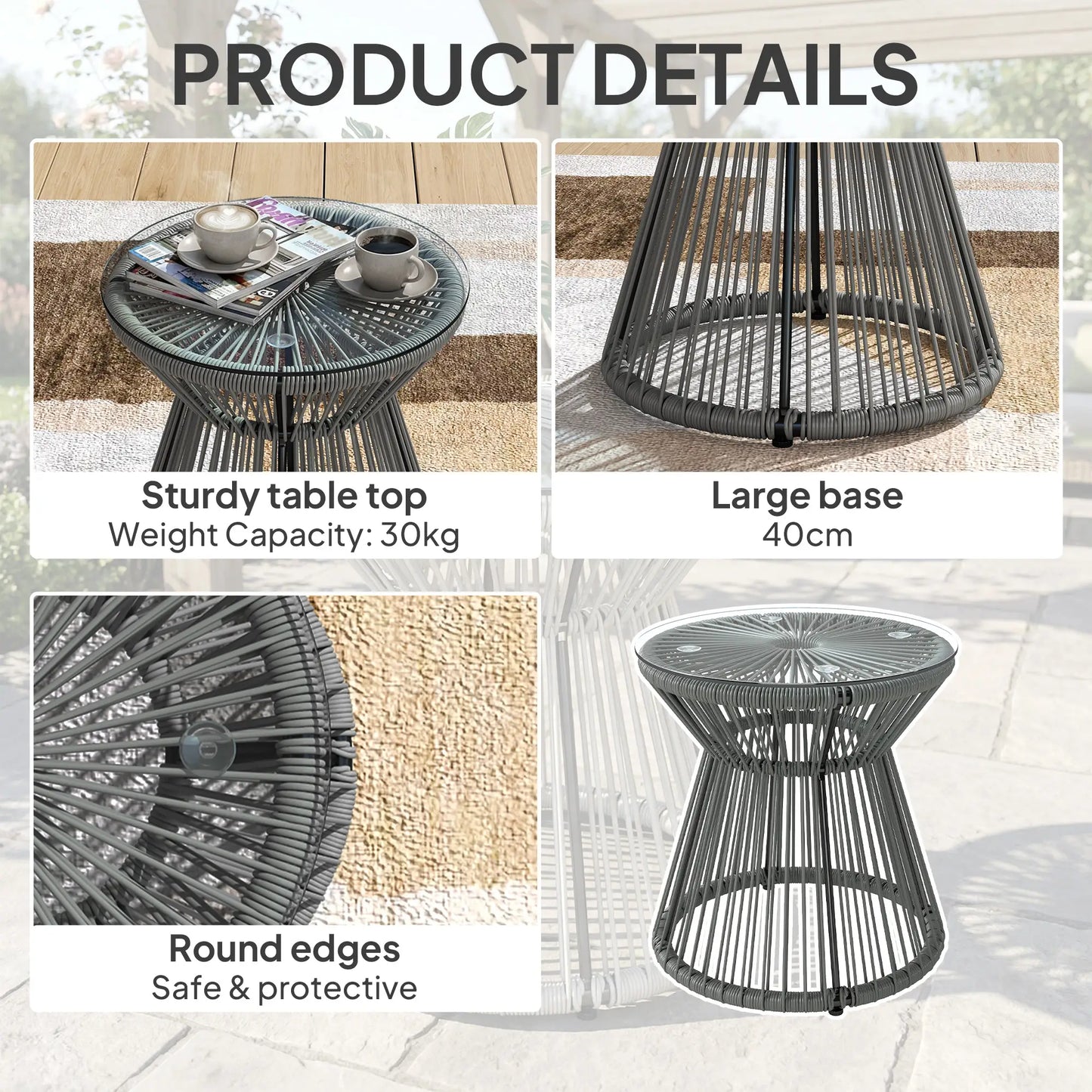 Round Rattan End Table, Hollow Drum Design, Glass Top, Dark Grey Patio Side Tables at Gallery Canada