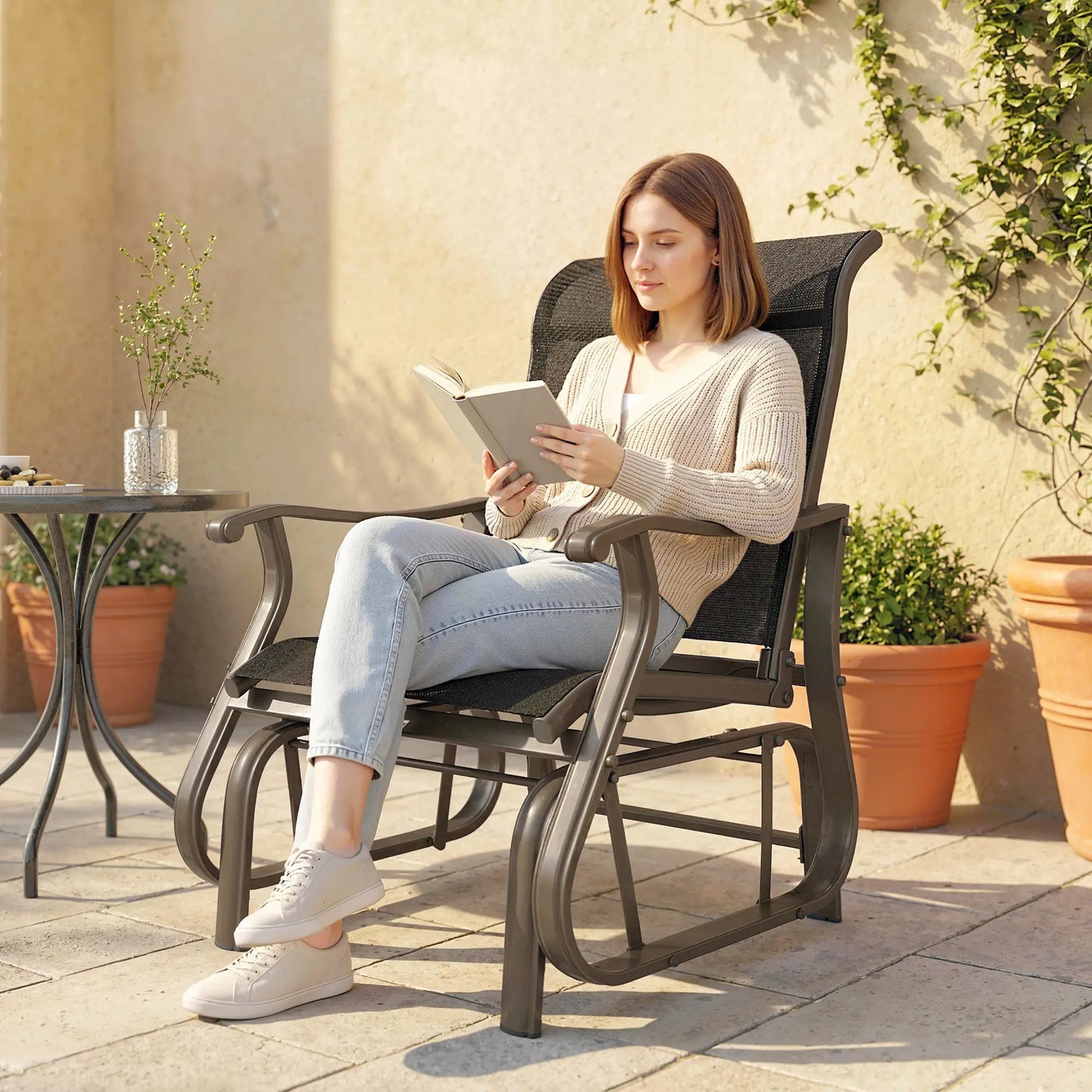 Outdoor Glider Chair, Steel Frame Mesh Fabric, Black Outdoor Gliders at Gallery Canada