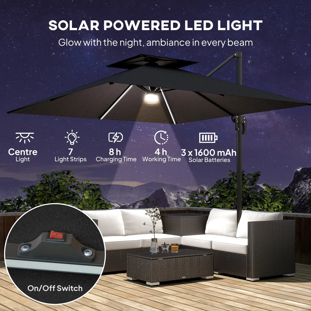 Parapluie de terrasse en porte-à-faux de 8', lumières LED, rotation à 360°, gris foncé