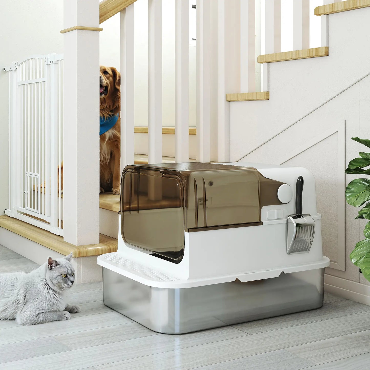 Stainless Steel Cat Litter Box, Easy Clean Enclosure, 27.6" L x 19.7" W x 18.3" H, White Cat Litter Box Enclosures at Gallery Canada
