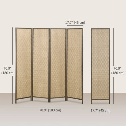 6 FT 4 Panel Folding Privacy Screen, Brown Room Divider, Brown