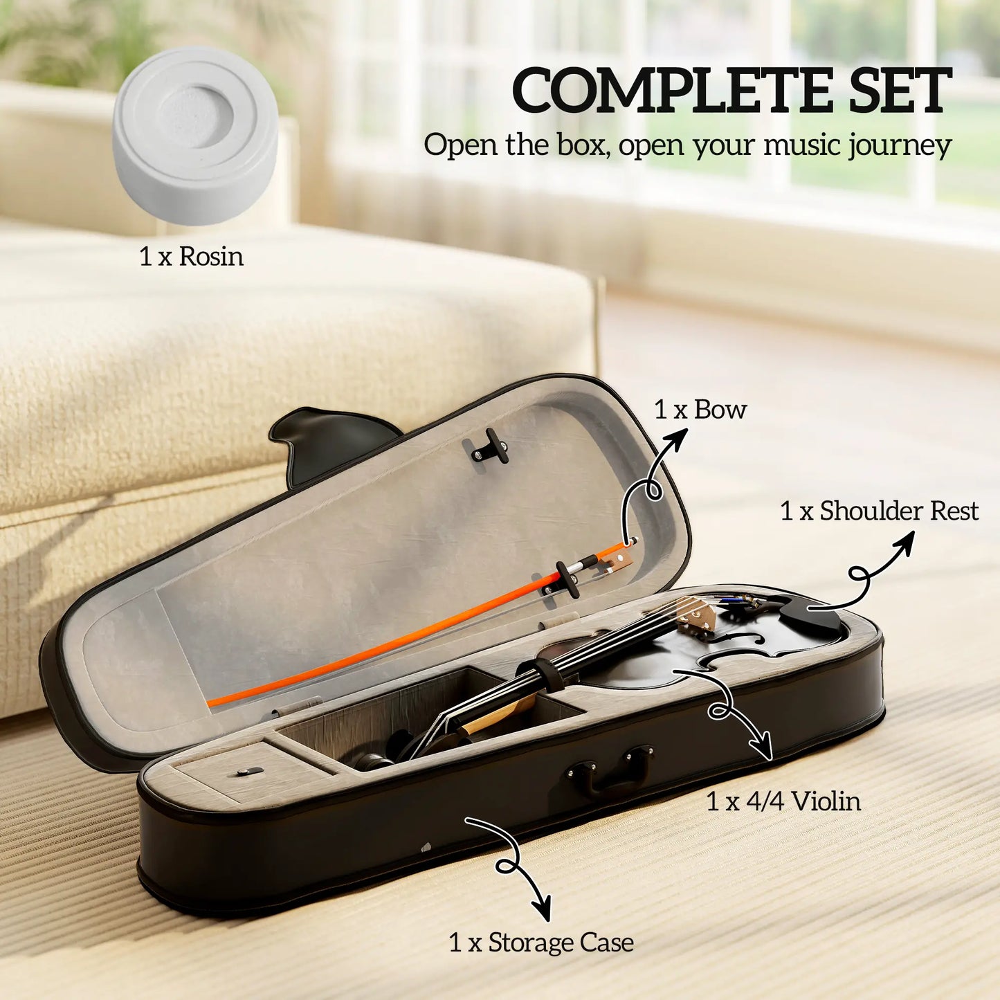 Full Size Violin, Wood Acoustic Set, Case, Rosin, Shoulder Rest, Black Electronic Musical Pianos at Gallery Canada