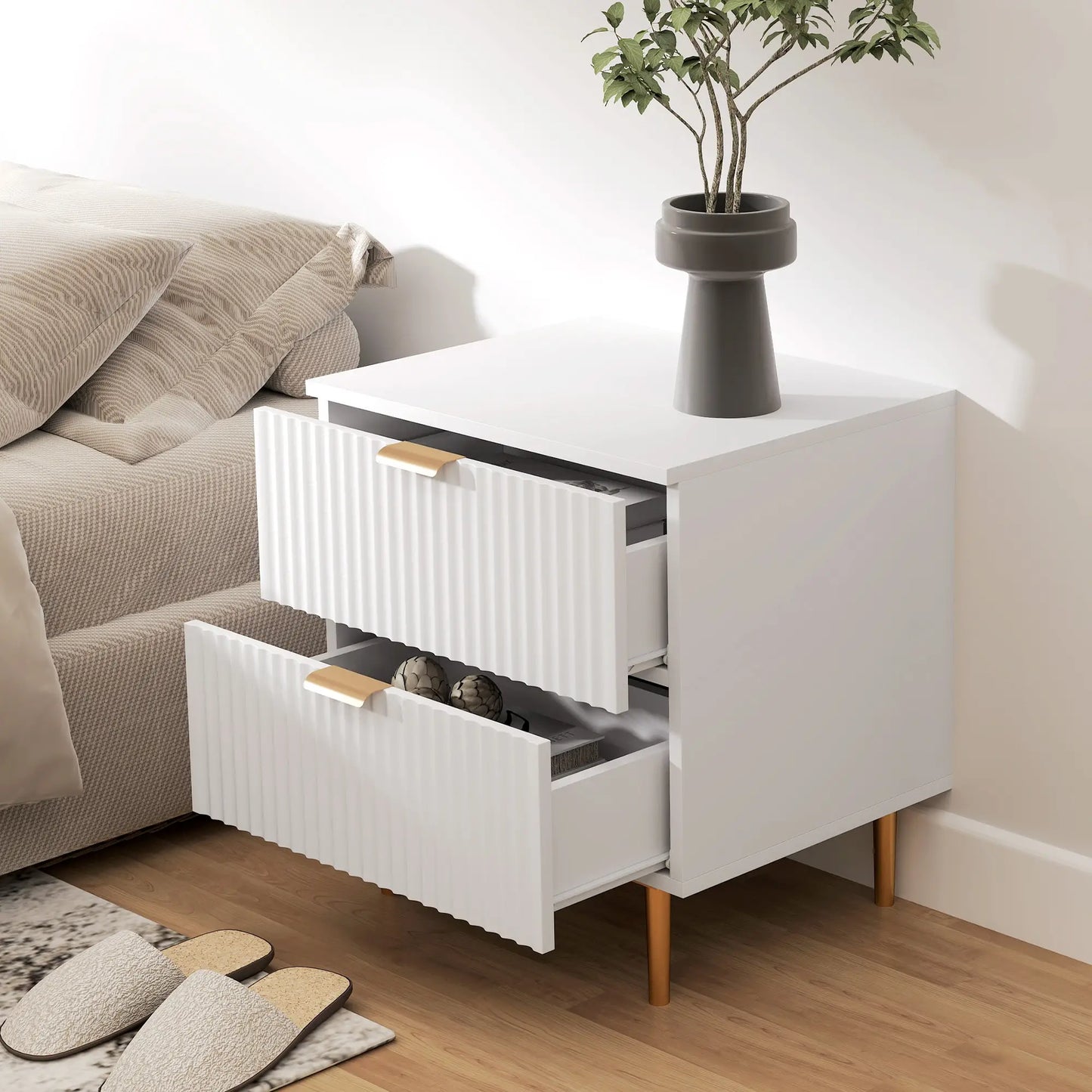 Bedside Table, Modern Nightstand with 2 Drawers, Side End Table with Metal Legs for Living Room, Bedroom, White Bedside Tables at Gallery Canada