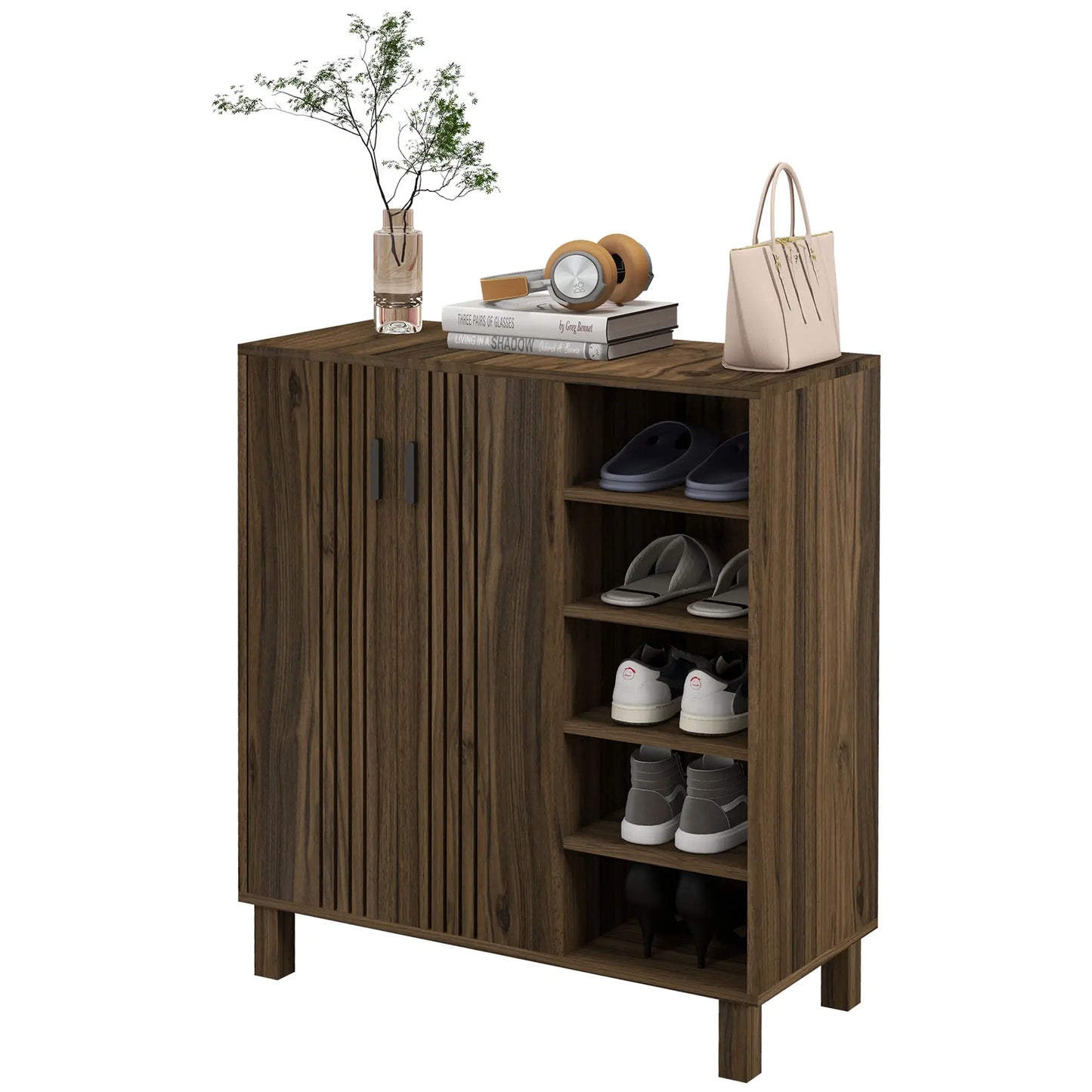 Double Door Shoe Storage, Open Shelves, 17 Pair, Walnut Shoe Storage Cabinets & Racks at Gallery Canada