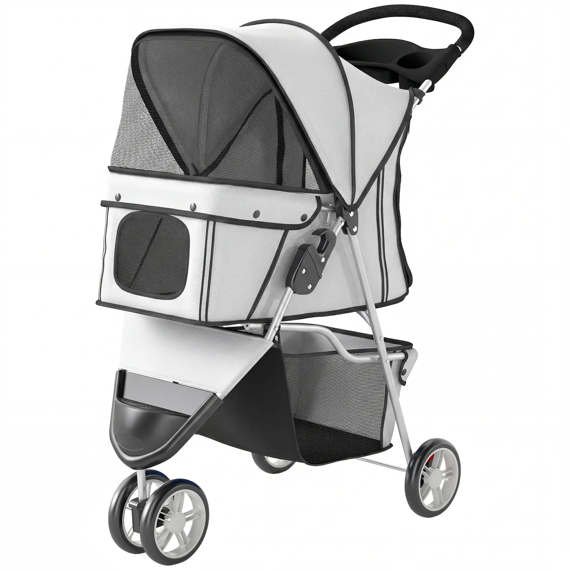 Foldable Dog Stroller, 3 Wheels, Storage Basket, Adjustable Canopy, Grey Dog Bike Trailers & Strollers Grey at Gallery Canada