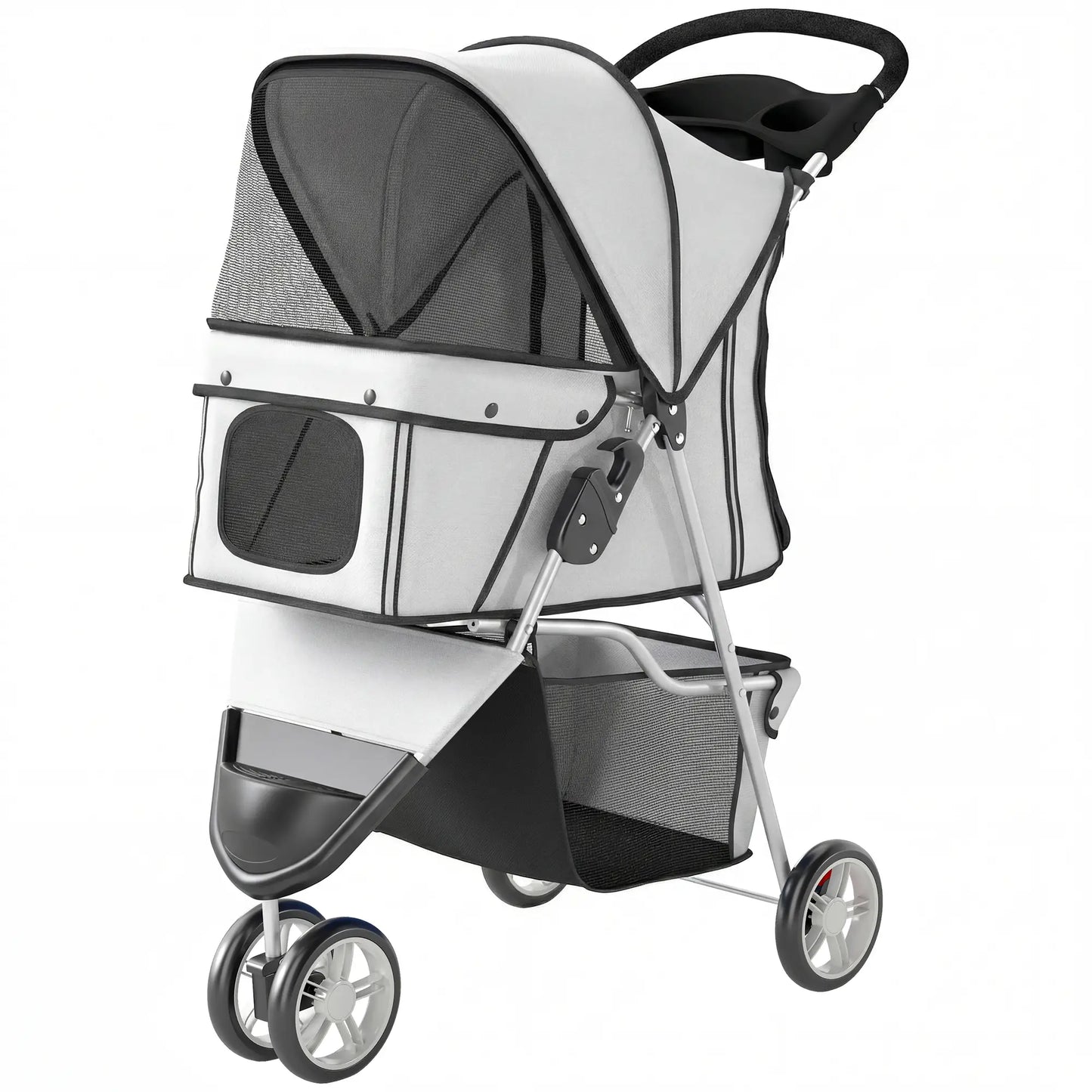 Foldable Dog Stroller, 3 Wheels, Storage Basket, Adjustable Canopy, Grey Dog Bike Trailers & Strollers Grey at Gallery Canada