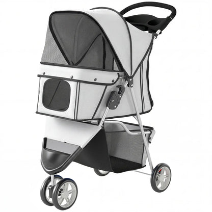 Foldable Dog Stroller, 3 Wheels, Storage Basket, Adjustable Canopy, Grey Dog Bike Trailers & Strollers Grey at Gallery Canada