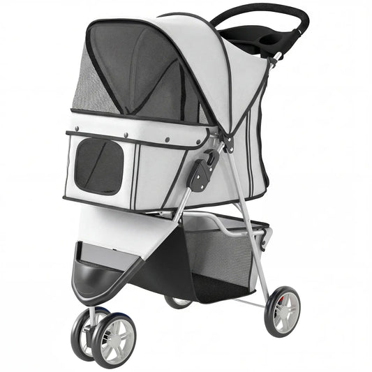 Foldable Dog Stroller, 3 Wheels, Storage Basket, Adjustable Canopy, Grey Dog Bike Trailers & Strollers Grey at Gallery Canada